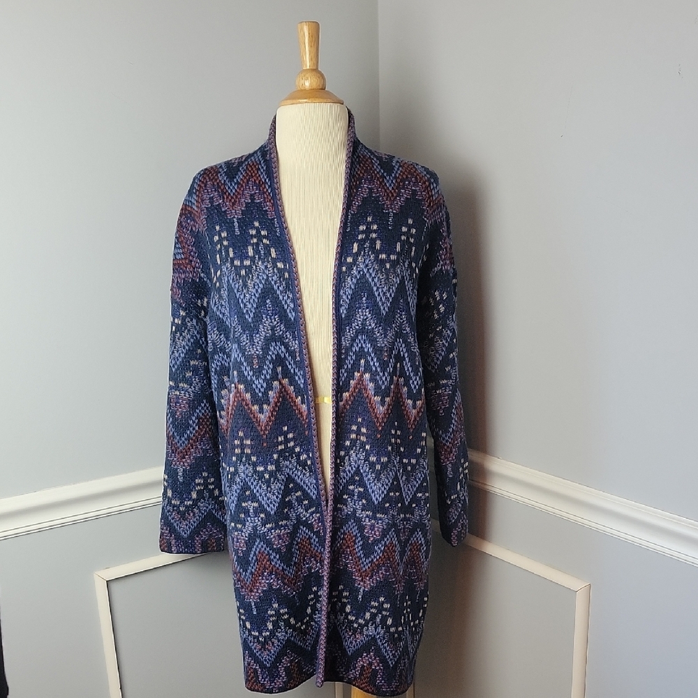 LUCKY BRAND Blue Aztec Boho Southwestern Western Open‎ Duster Cardigan Sweater S